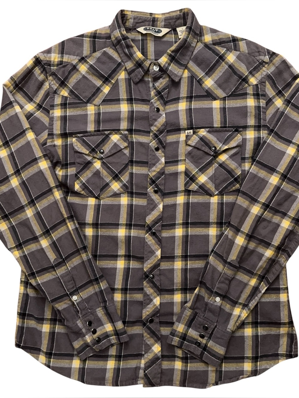 Salt Valley Western Shirt Mens Size L Long Sleeve Flannel Pearl Snap Plaid Gray